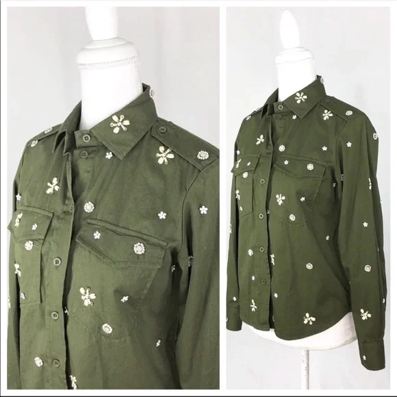 Joie bead embellished military olive green Hayfa shirt button down top XS - Picture 8 of 12